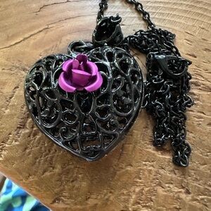 Black Heart Pendant Necklace with Purple Rose